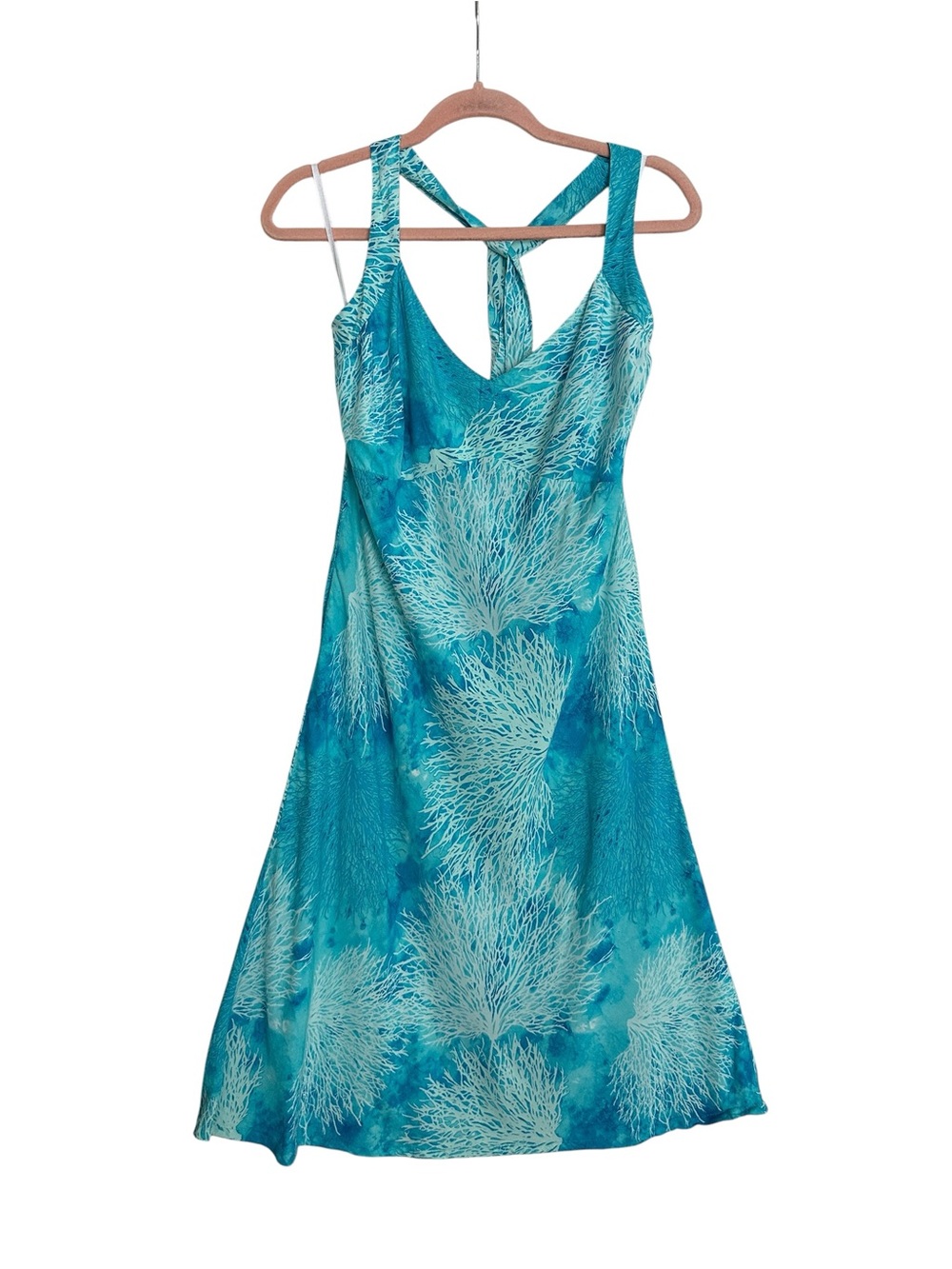 HILO HATTIE Hawaiian Halter Dress Coral Print Sea Green Vacation Resort Wear M